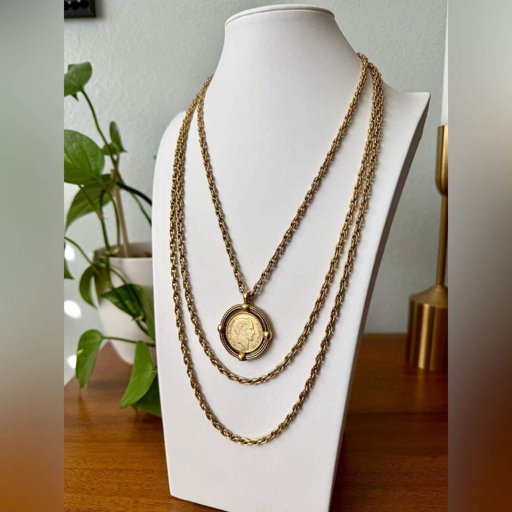 Vintage Goldtone 3 Strand French Coin Layered Necklace 60’s 70’s Bold Matte Gold